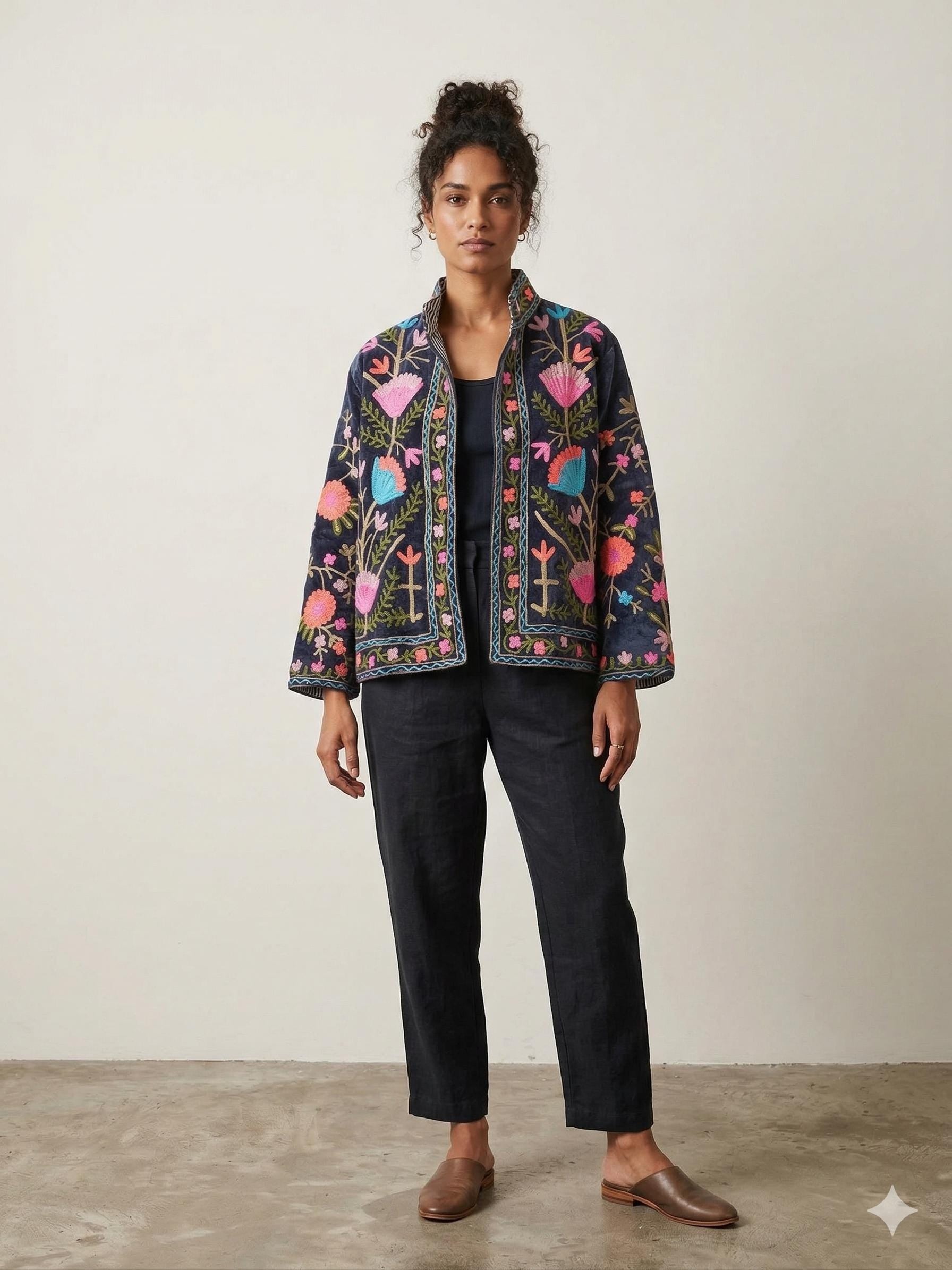 Coachella Festival Style Girl Jean Jacket, The Back is Decorated with Embroidered Rose Flower Patterns Bohozani