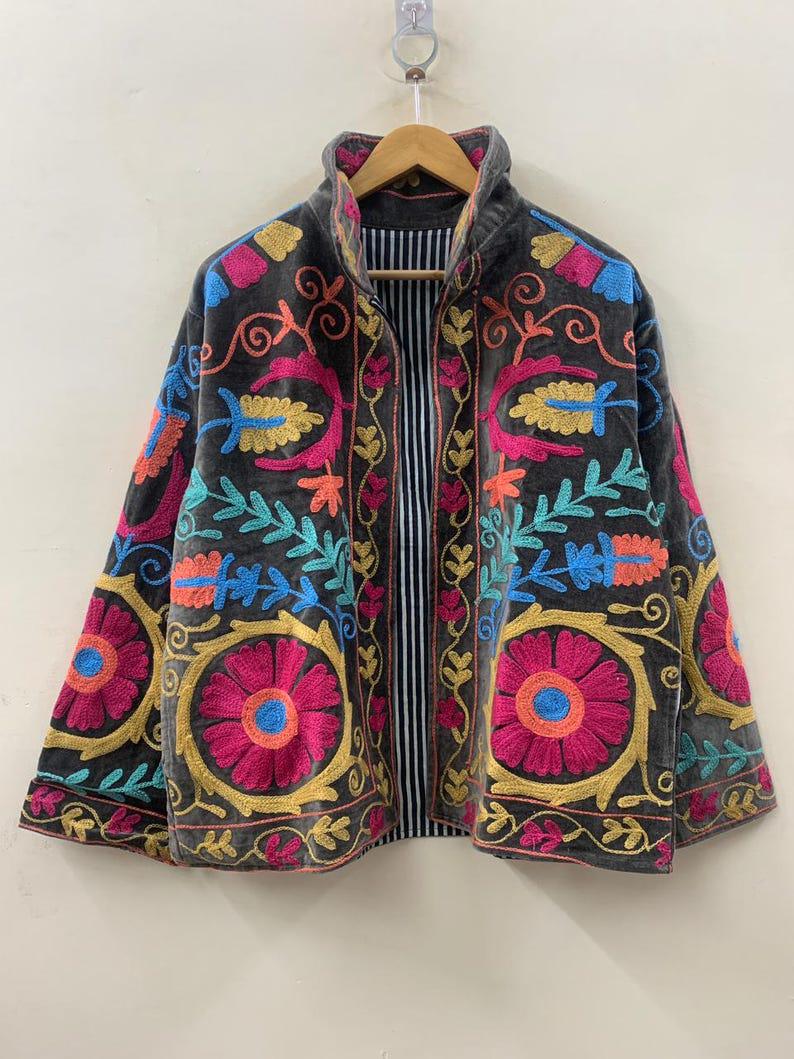 Handmade Suzani Velvet Jacket, Embroidered Floral Coat Bohozani