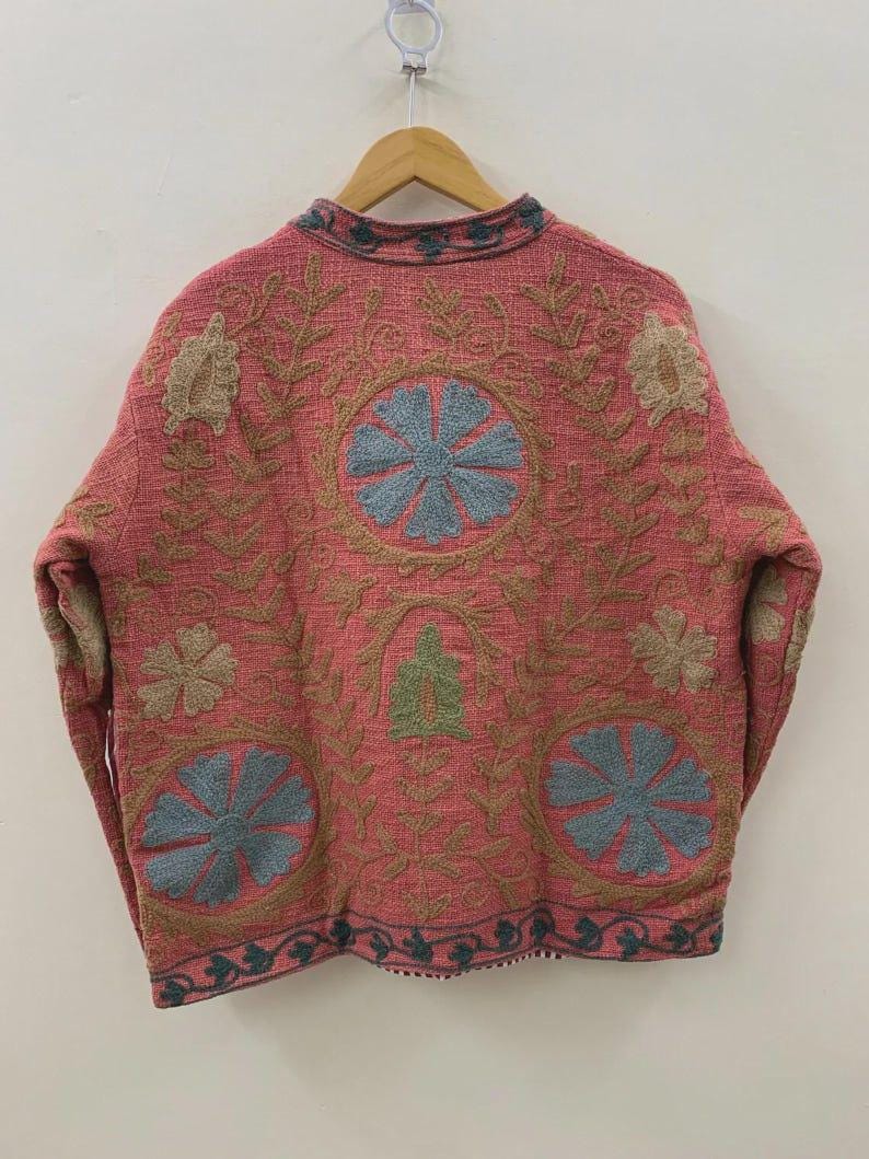 Vintage Cotton Suzani Embroidered Jacket | Floral Boho Statement Outerwear Bohozani