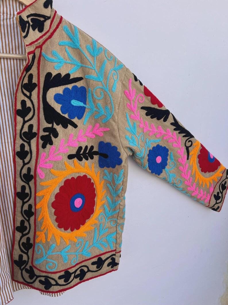Bohemian Cotton Velvet Suzani Embroidered Jacket, Floral Folk Art Coat Bohozani