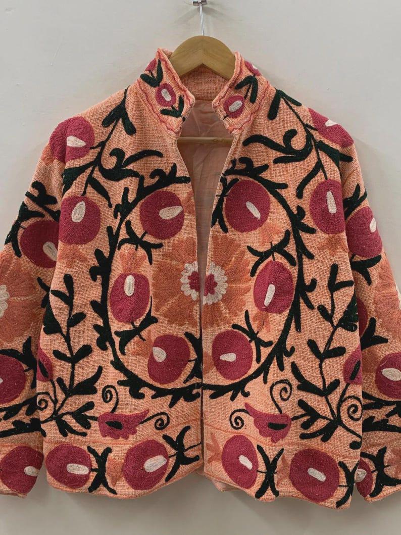 Bohemian Suzani Embroidered Cotton Jacket, Floral Folk Art Short Coat Bohozani
