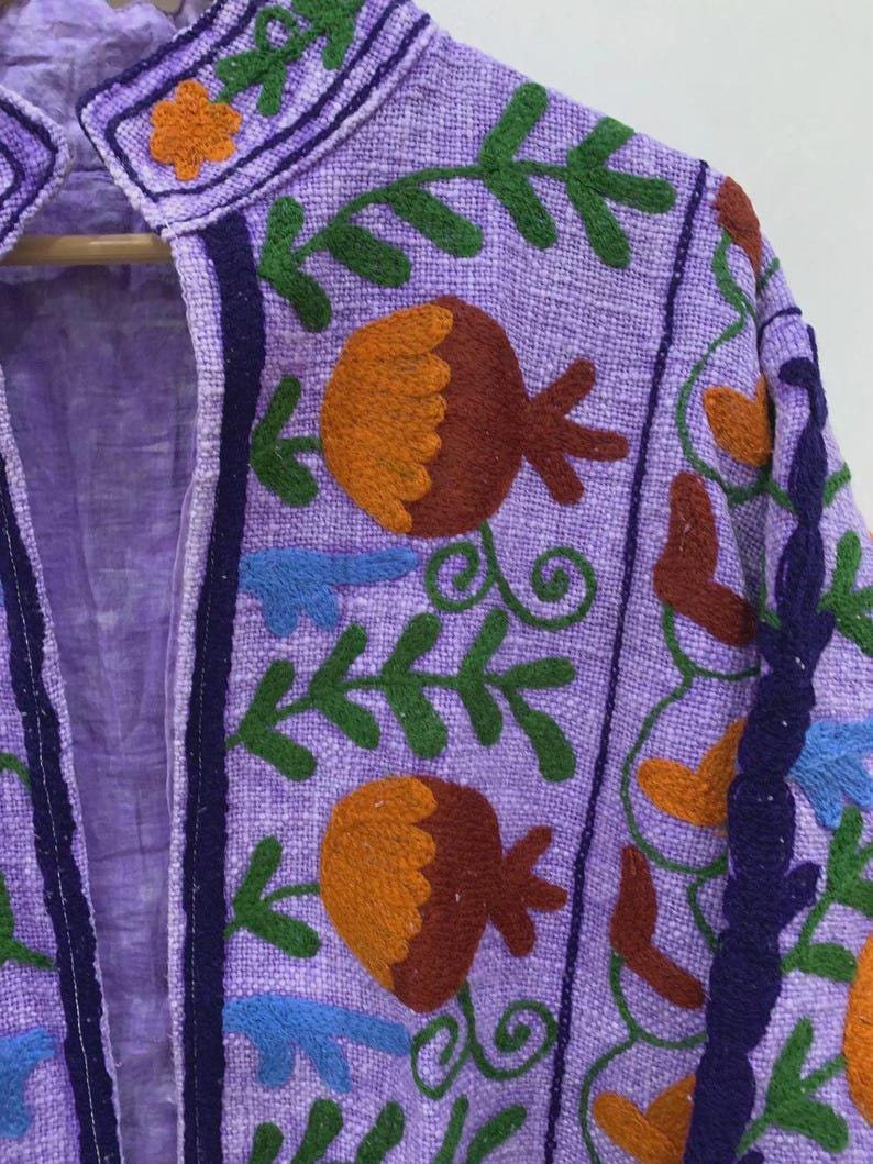 Embroidered Cotton Velvet Jacket | Floral Folk Art Boho Style Coat Bohozani