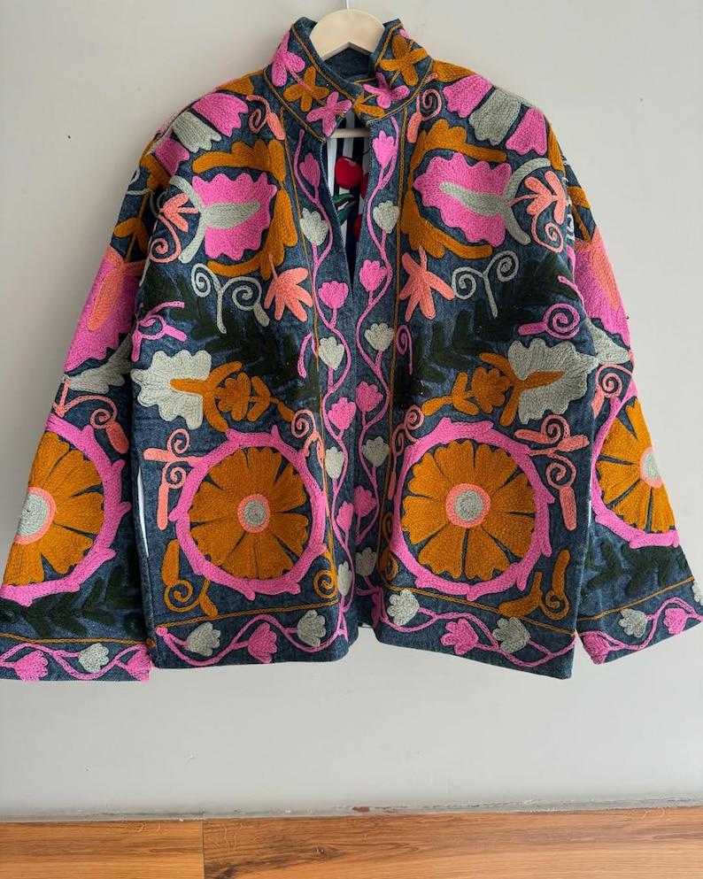 Handmade Suzani Velvet Jacket | Embroidered Floral Boho Coat Bohozani