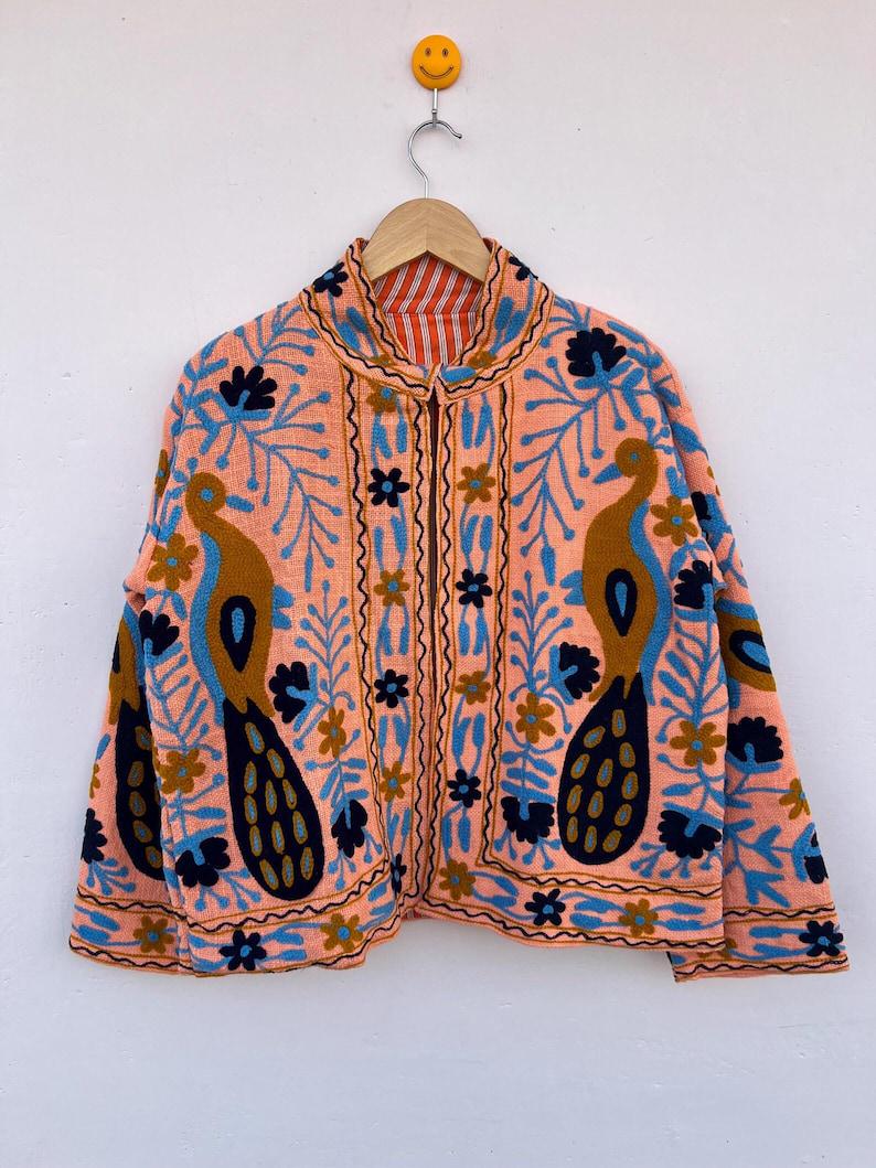 Peacock Embroidered Suzani Short Jacket | Vibrant Boho Duster | Gift For Her Bohozani
