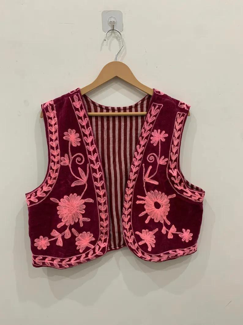 Handmade Suzani Velvet Vest | Floral Embroidered Boho Ethnic Jacket Bohozani