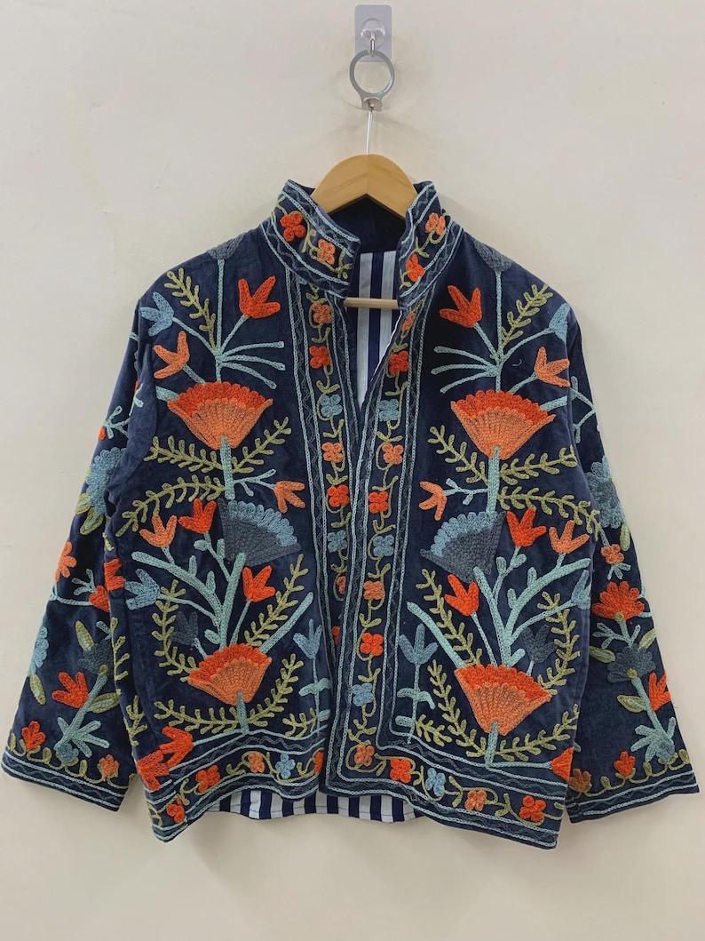 Bohemian Suzani Embroidered Velvet Jacket | Short Floral Kimono Coat Bohozani