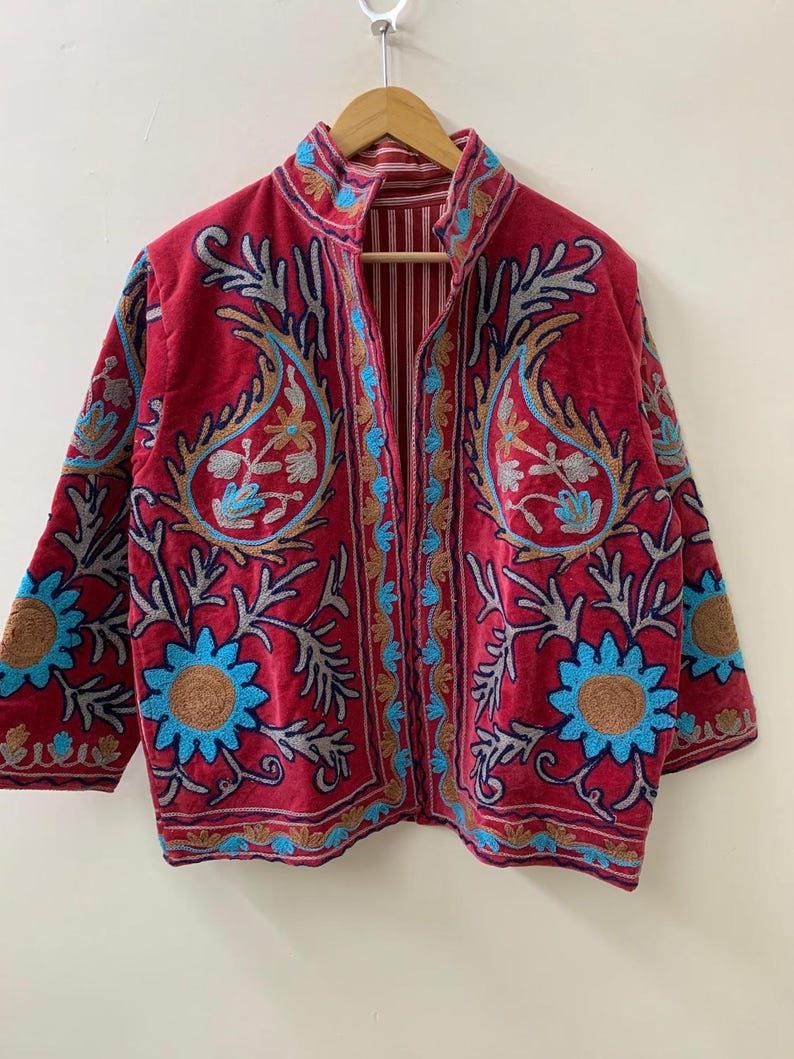 Handmade Velvet Suzani Jacket | Embroidered Floral Uzbek Outerwear Bohozani