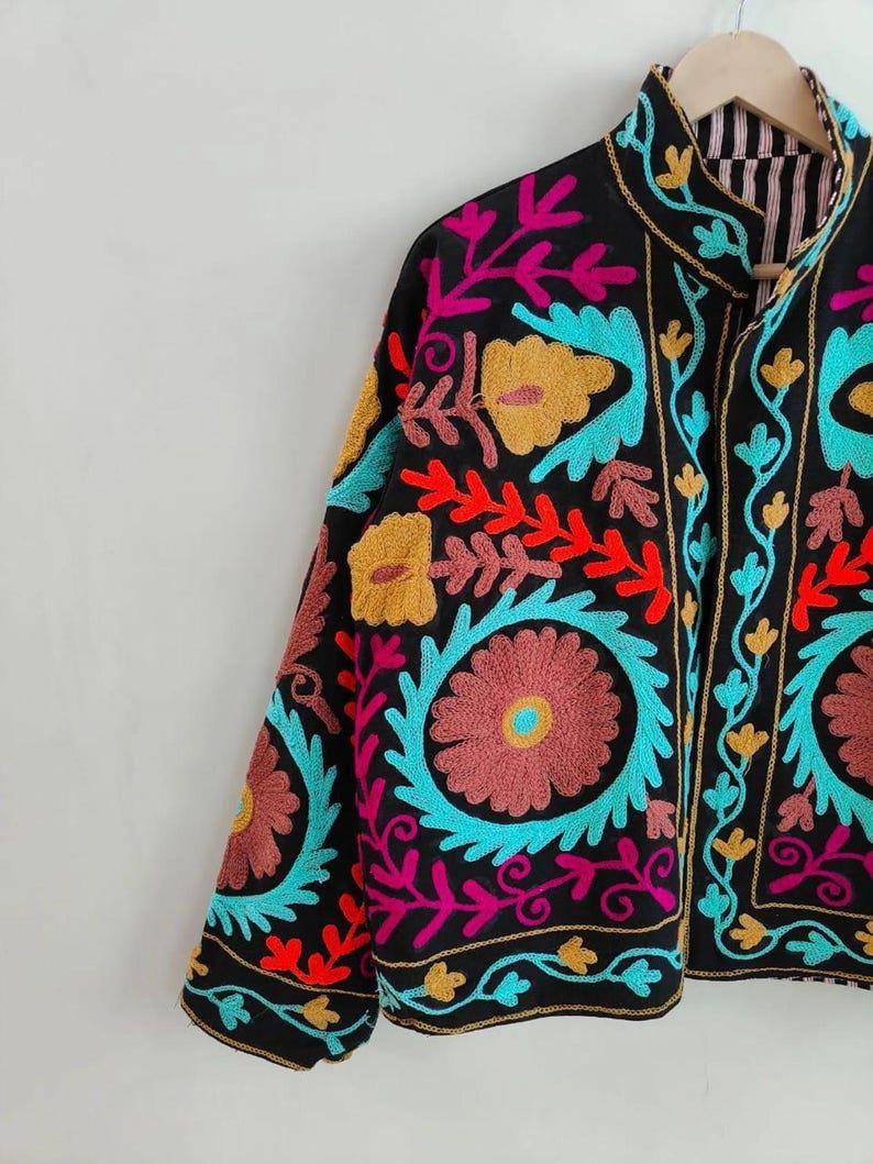 Embroidered Velvet Suzani Jacket | Bohemian Floral Indian Outerwear, Cropped Style Bohozani