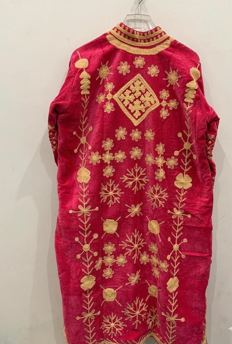 Velvet Suzani Kimono Jacket | Hand-Embroidered Boho Coat, Uzbek Duster, Belted Kaftan Robe Bohozani