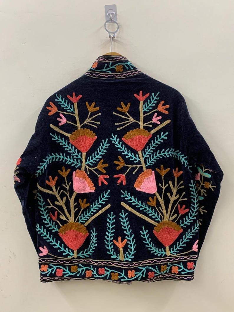 Antique Black Color Velvet Suzani Jacket – Hand-Embroidered Boho Ethnic Kimono Outerwear Bohozani