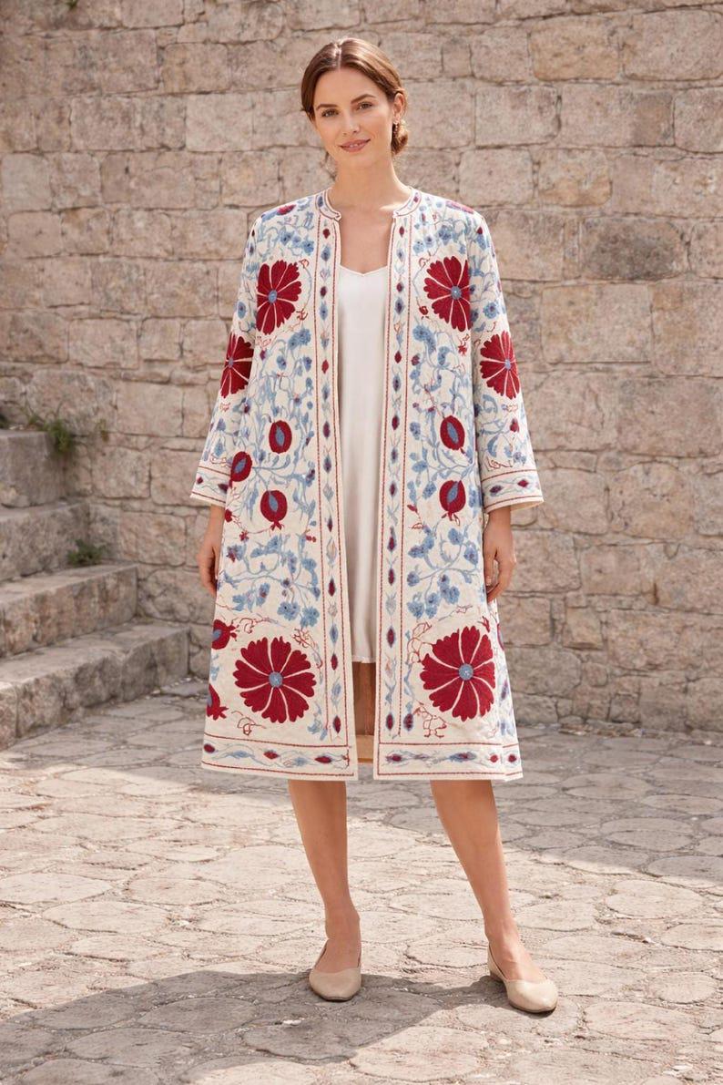 Hand Embroidered Suzani Kaftan – Organic Cotton Boho Kimono Coat Bohozani