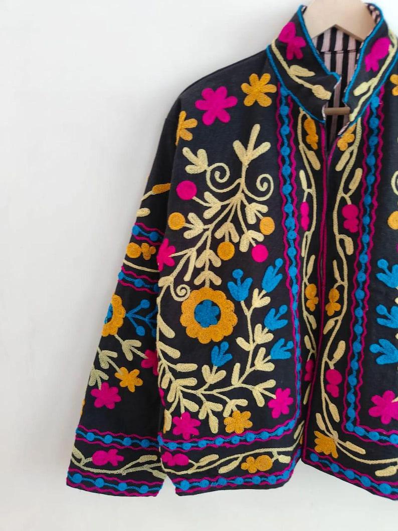 Velvet Suzani Embroidered Cropped Jacket, Boho Floral Ethnic Coat Bohozani