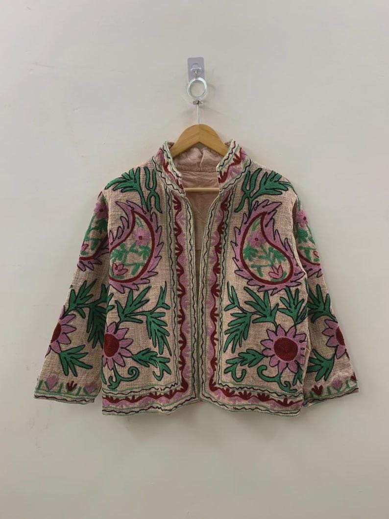 Embroidered Cotton Velvet Jacket | Floral Folk Art Boho Outerwear Bohozani