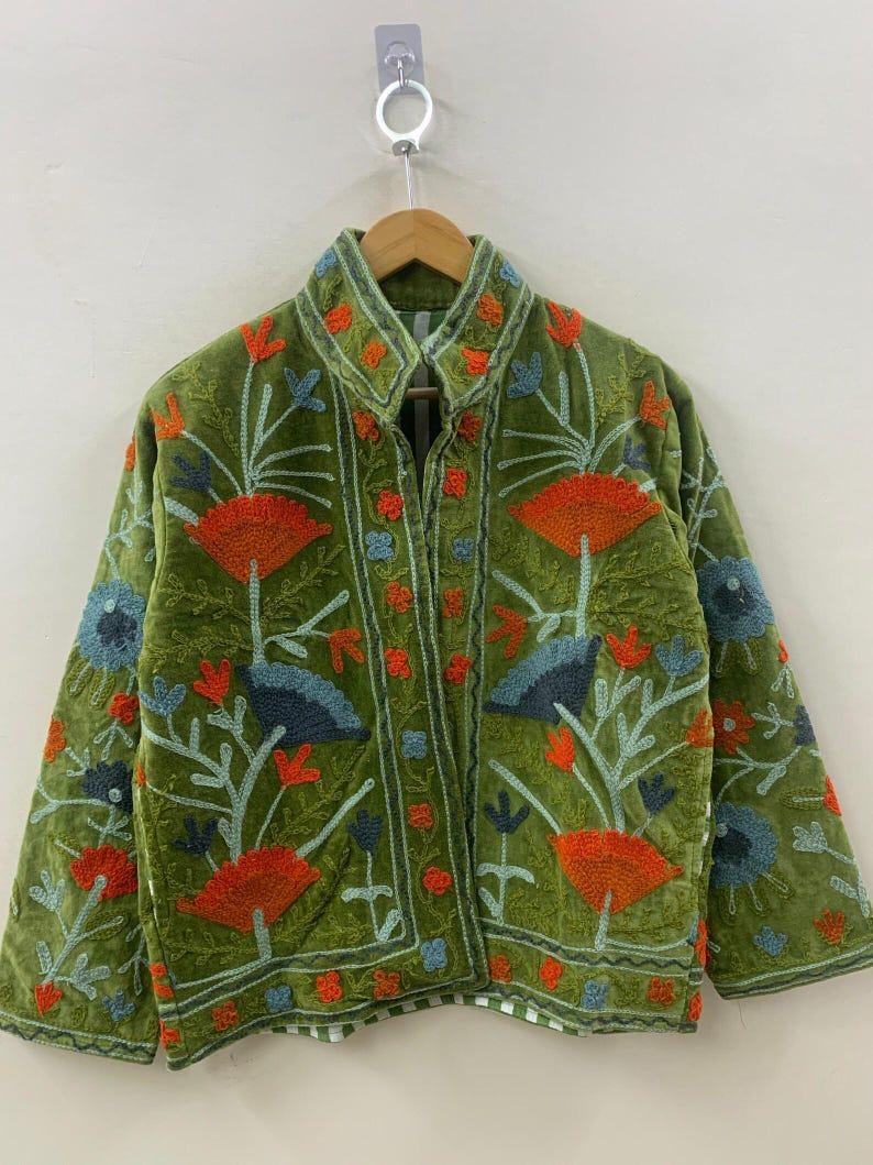 NEW COLLECTION Green Hand-Embroidered Velvet Suzani Jacket – Boho Ethnic Kimono Outerwear Mother's Day Gift Bohozani