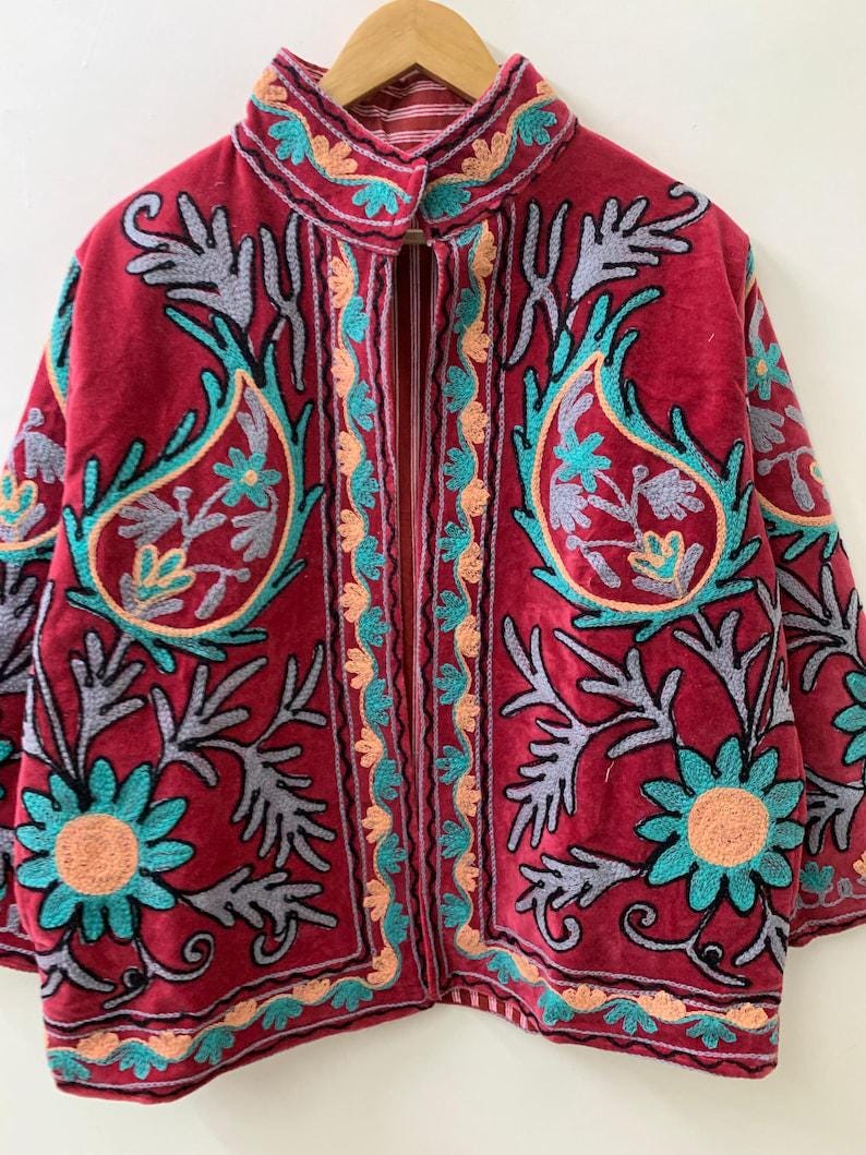 Red Velvet Suzani Bomber Jacket | Hand-Embroidered Floral Uzbek Outerwear Bohozani