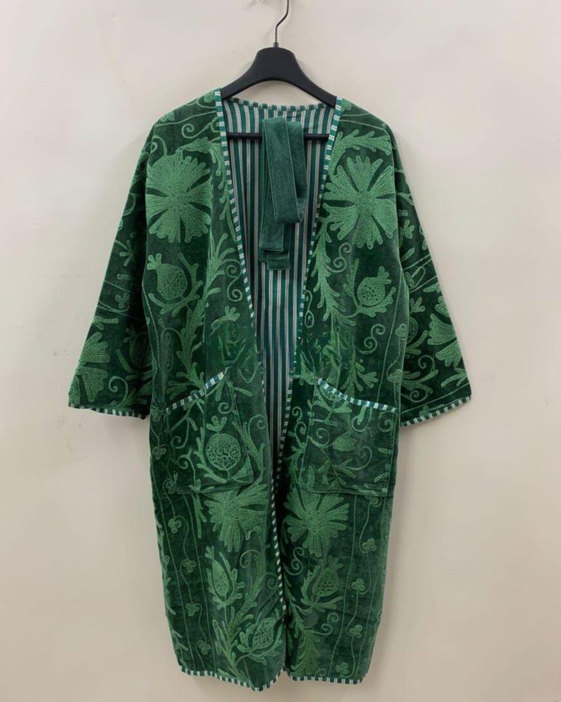 Floral Velvet Suzani Kimono Robe |Hand-Embroidered Boho Coat | Ethnic Uzbek Duster | Belted Kaftan Robe Bohozani