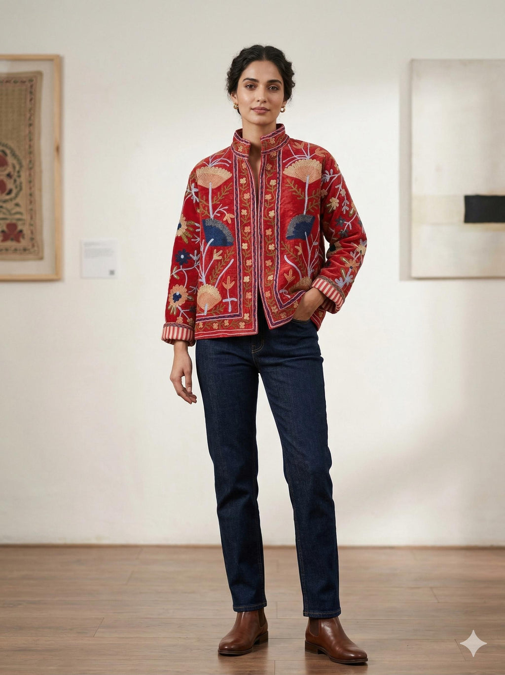 Red Velvet Suzani Jacket – Hand-Embroidered Boho Ethnic Kimono Outerwear Bohozani