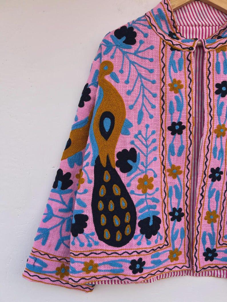 Pink Peacock Embroidered Suzani Jacket | Vibrant Boho Duster | Gift For Her Bohozani