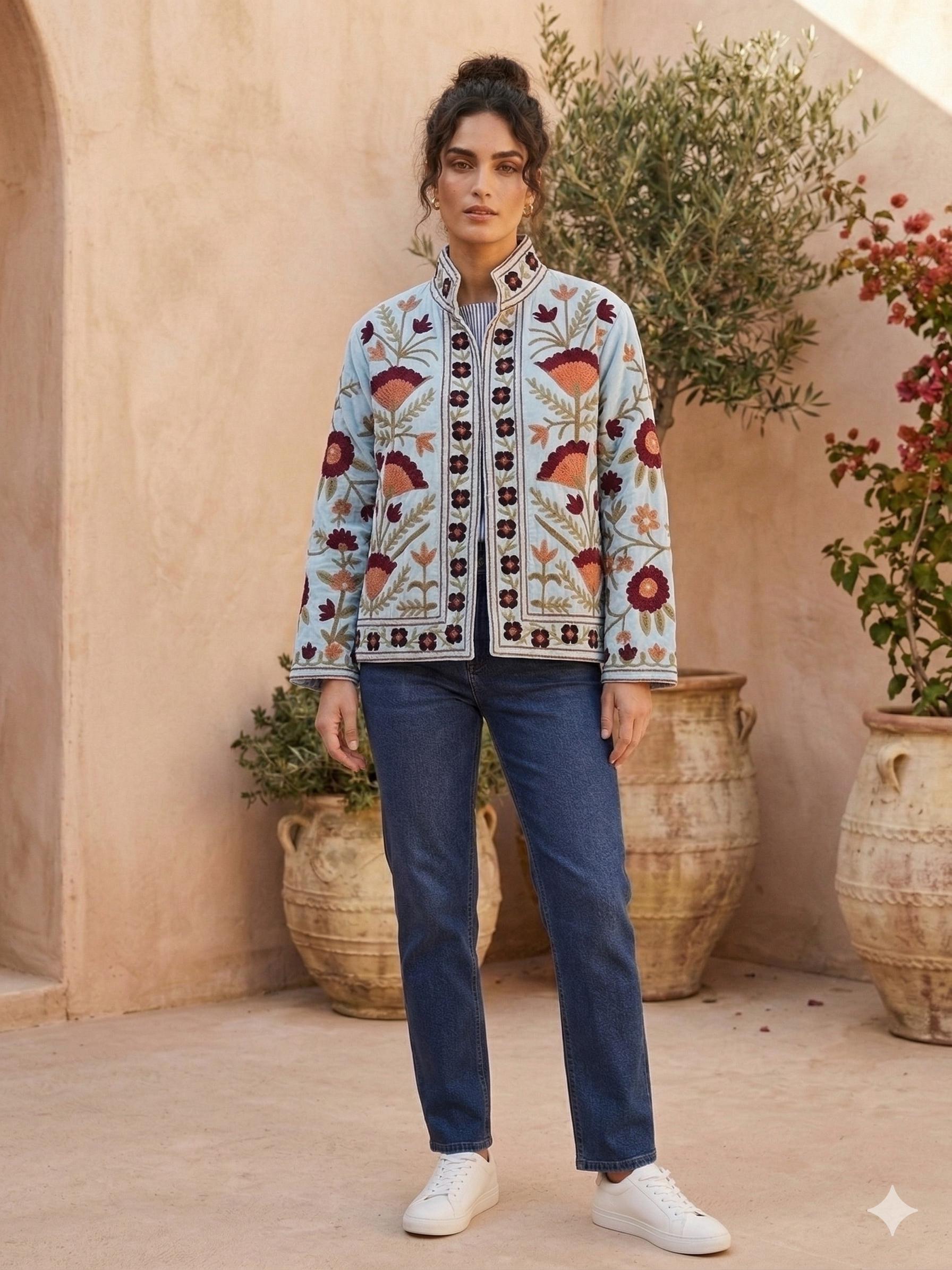 Handmade Velvet Suzani Jacket: Embroidered Bohemian Winter Coat. Turquoise Color For Woman And Girls Bohozani