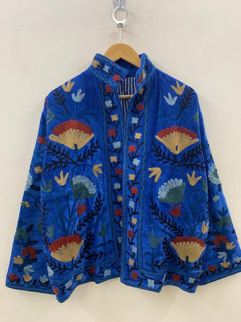 Blue Velvet Suzani Jacket – Hand-Embroidered Boho Ethnic Kimono Outerwear Bohozani