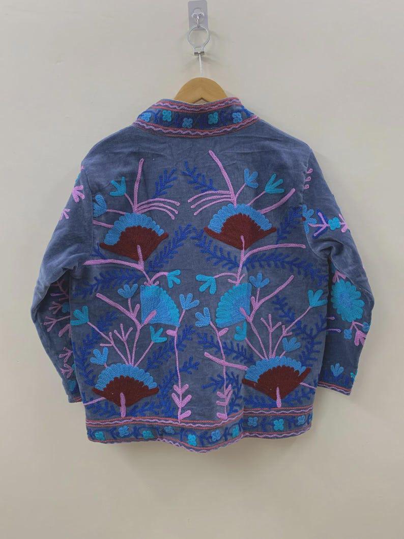 NEW COLLECTION Blue Hand-Embroidered Velvet Suzani Jacket – Boho Ethnic Kimono Outerwear Mother's Day Gift Bohozani