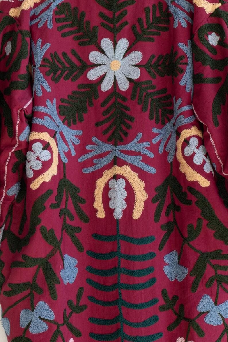 Hand Embroidered Suzani Kaftan – Organic Cotton Boho Kimono Coat Bohozani