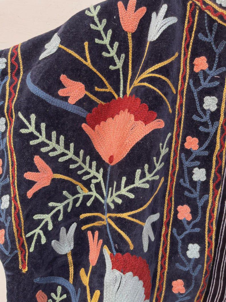 Black Velvet Suzani Embroidered Vest with Belt | Boho Festival Waistcoat Jacket Bohozani