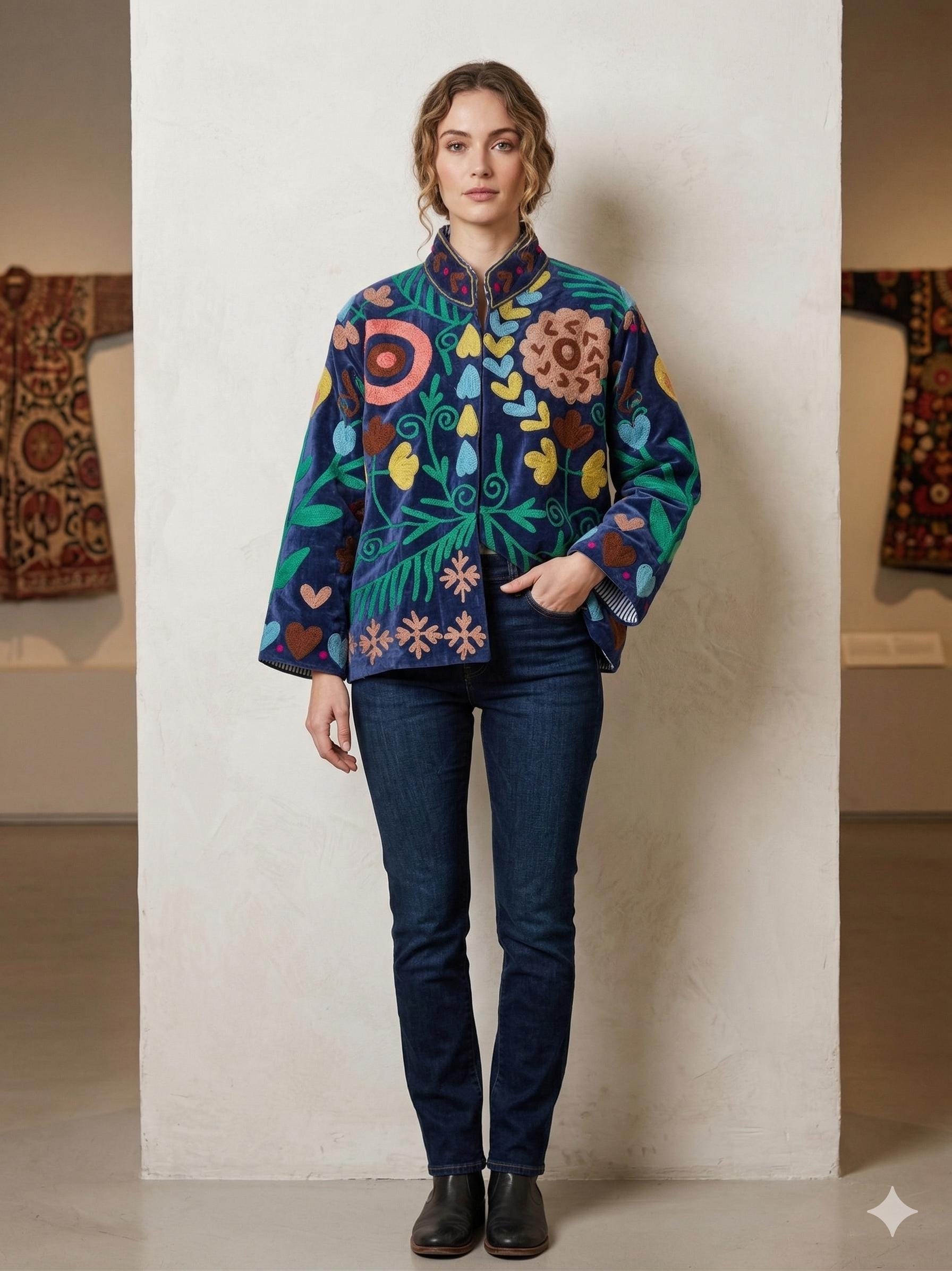 Velvet Suzani Jacket – Hand-Embroidered Boho Ethnic Kimono Outerwear Bohozani