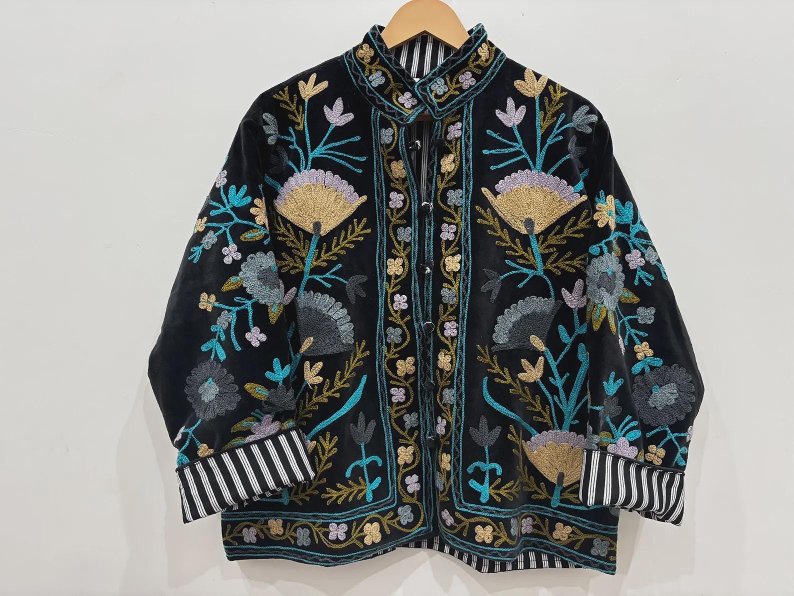 Embroidered Velvet Cropped Jacket | Colorful Suzani Floral Outerwear Bohozani