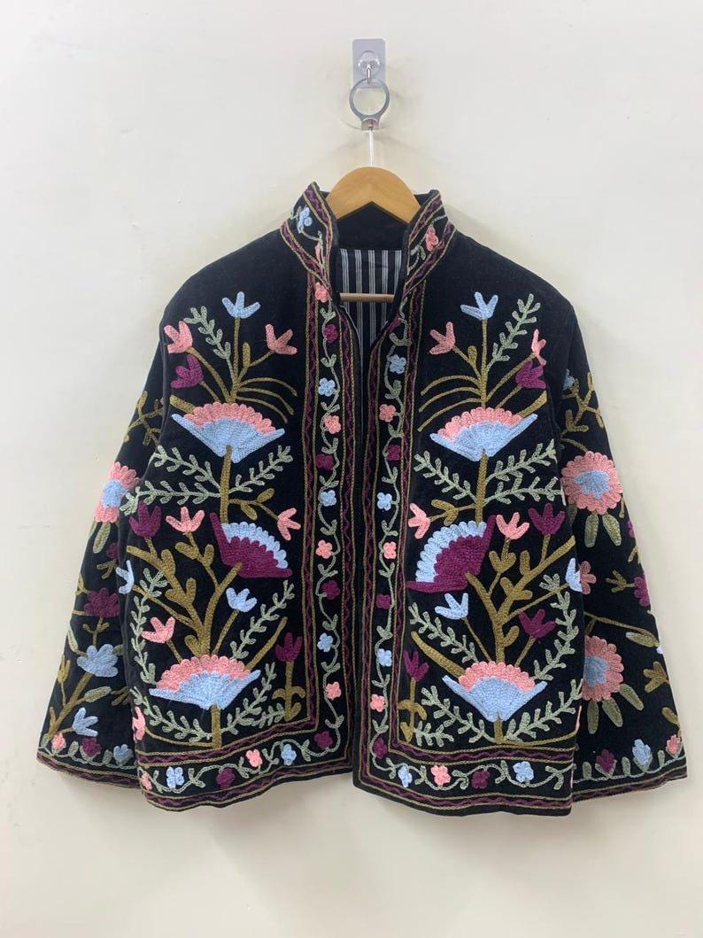 Grey Hand Embroidered Velvet Suzani Jacket – Vintage-Inspired Artisan Coat-Gift For Her Bohozani