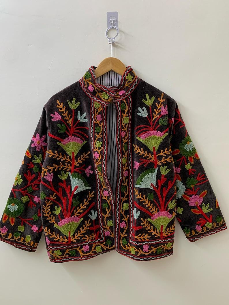 Floral Suzani Hand Embroidered Velvet Jacket, Ethnic Winter Coat Bohozani