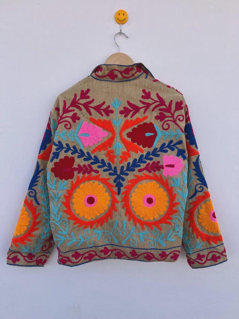 Bohemian Suzani Embroidered Cotton Jacket, Floral Overcoat, Gift For Her Bohozani