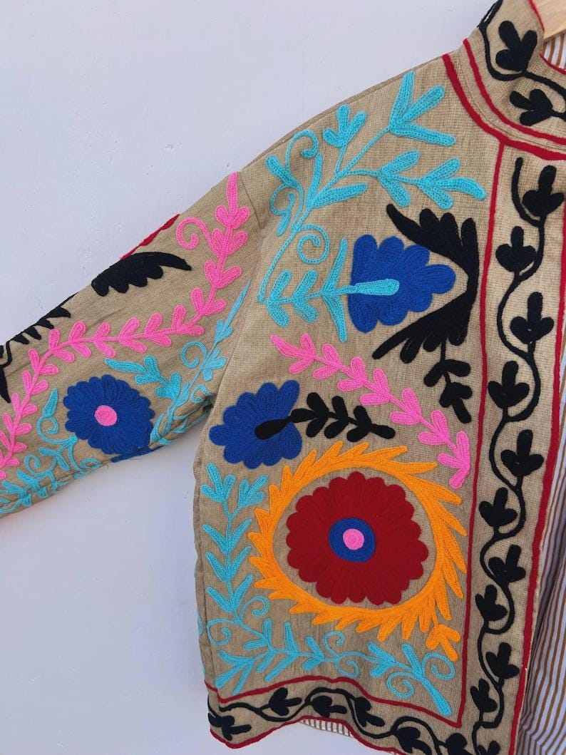 Bohemian Cotton Velvet Suzani Embroidered Jacket, Floral Folk Art Coat Bohozani