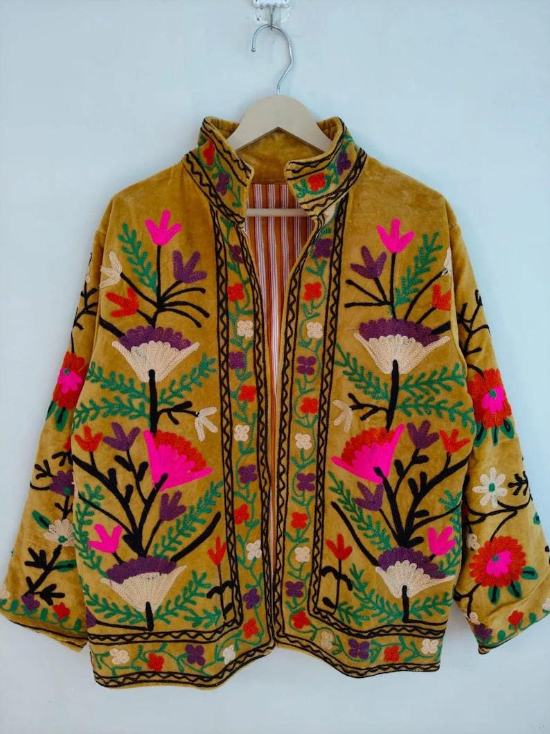 Yellow Velvet Suzani Embroidered Jacket, Boho Floral Ethnic Outerwear Bohozani