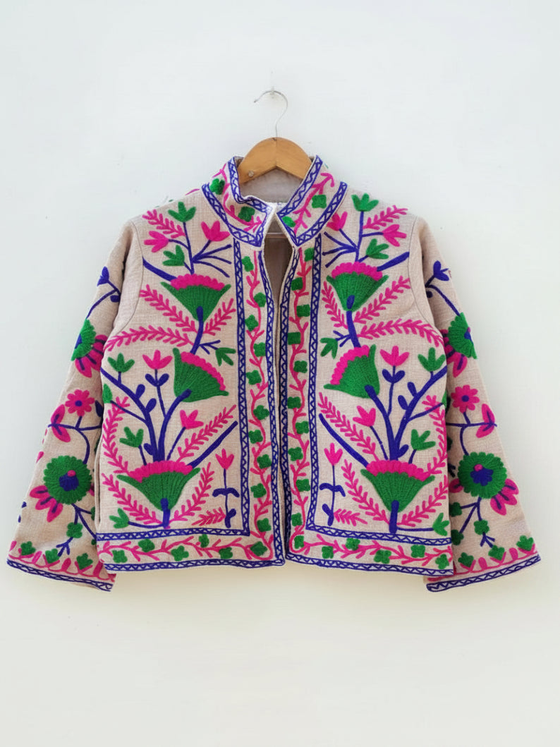 Handmade Cotton Velvet Suzani Embroidered Jacket: Boho Floral Duster Coat Bohozani