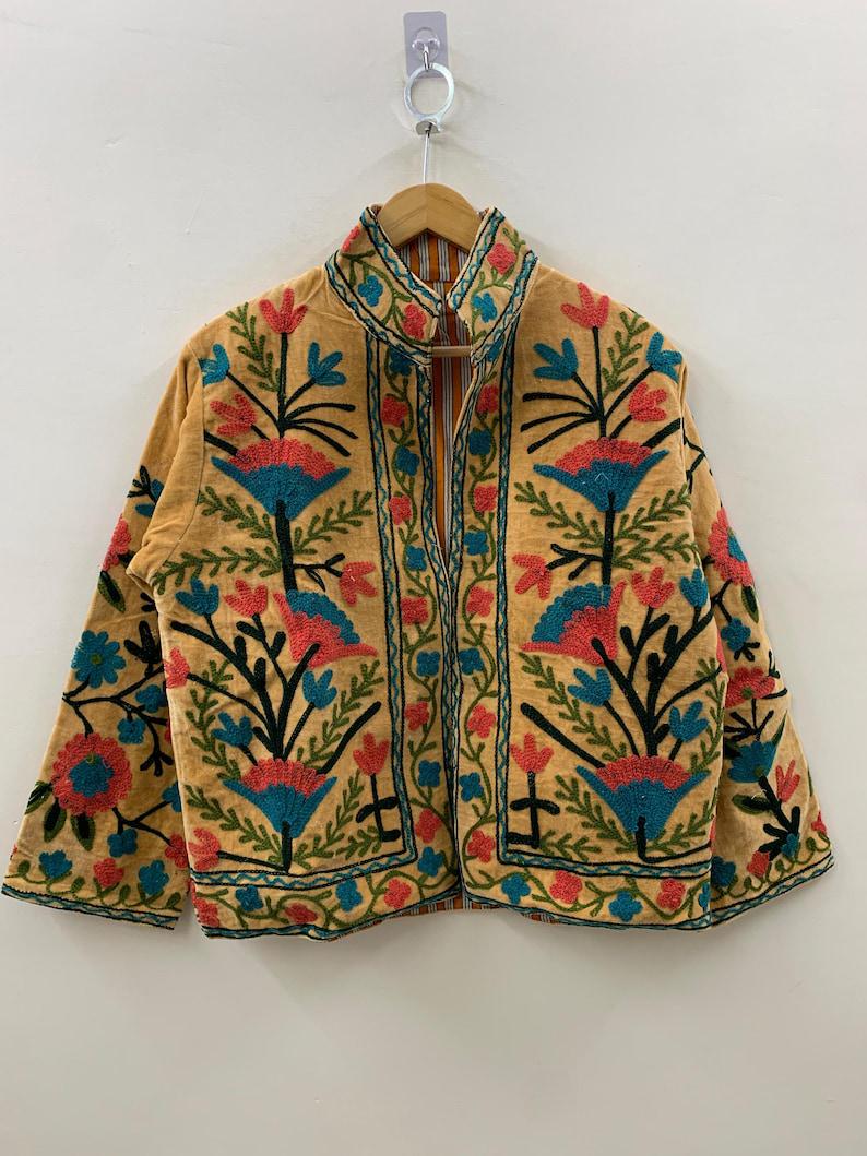Yellow Velvet Suzani Jacket – Hand-Embroidered Boho Ethnic Kimono Outerwear Bohozani