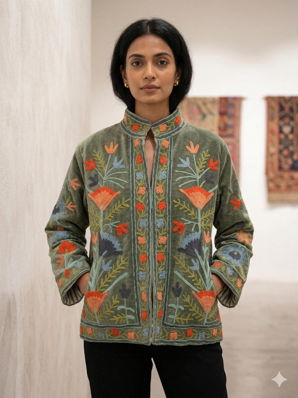 NEW COLLECTION Green Hand-Embroidered Velvet Suzani Jacket – Boho Ethnic Kimono Outerwear Gifr For Mom Bohozani