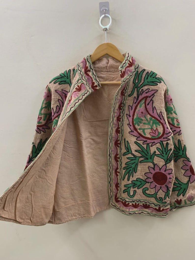 Embroidered Cotton Velvet Jacket | Floral Folk Art Boho Outerwear Bohozani