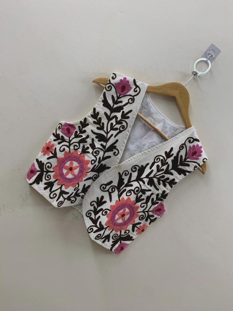 Hand-Embroidered Suzani Velvet Vest: Boho Floral Waistcoat, Cotton Lined Jacket Bohozani