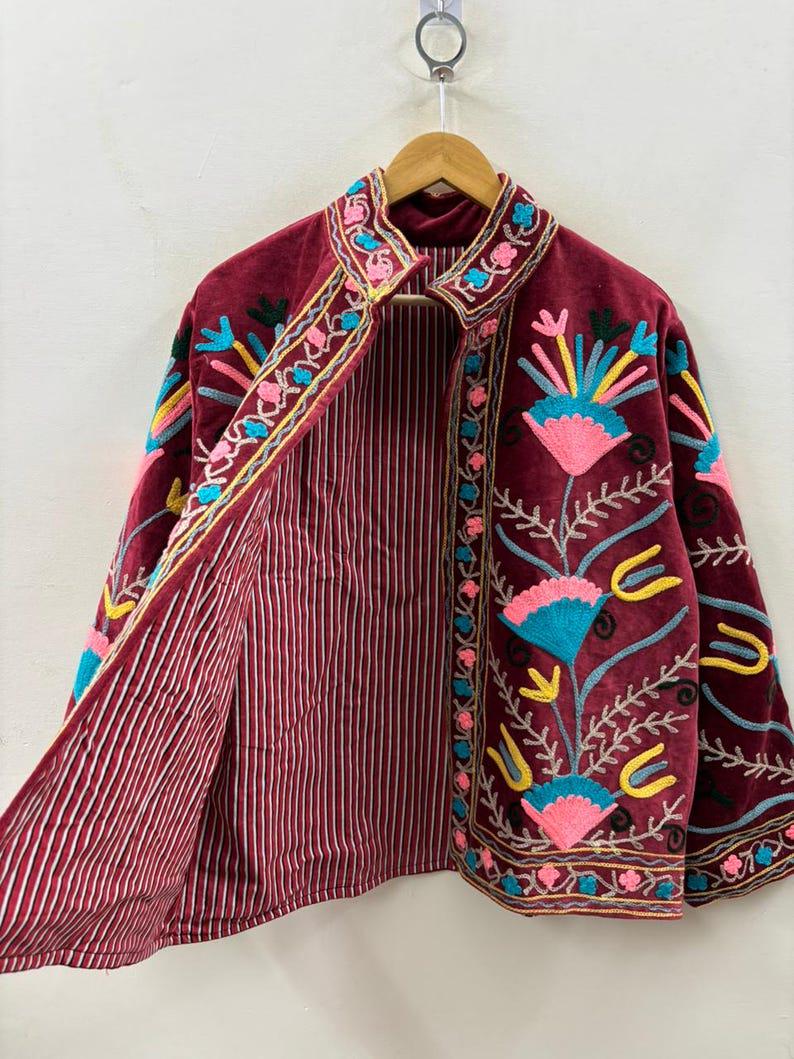 Handmade Wine Velvet Suzani Embroidered Jacket Bohozani