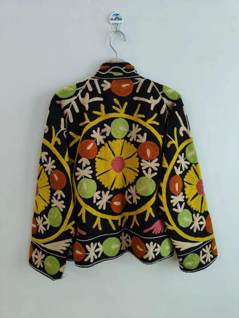 Black Suzani Velvet Jacket, Vintage Boho Floral Embroidered Coat, Ethnic Chic Outerwear Bohozani