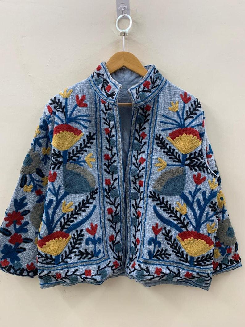 Embroidered Cotton Velvet Jacket | Floral Folk Art Boho Outerwear Bohozani