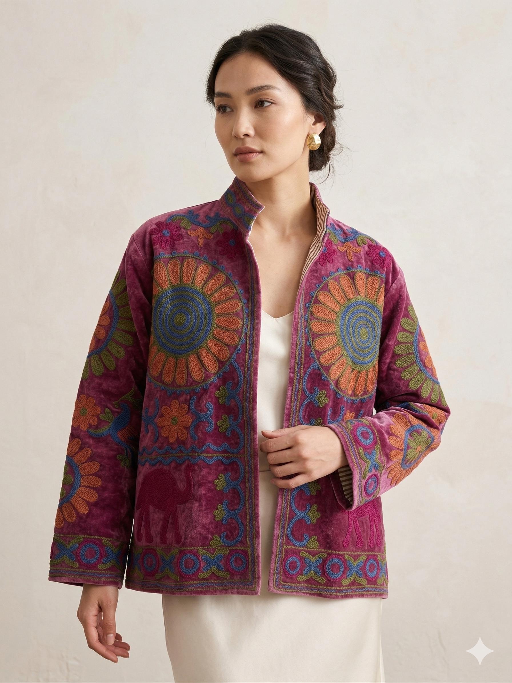 Multicolored Handmade Floral Velvet Suzani Embroidered Jacket Bohozani
