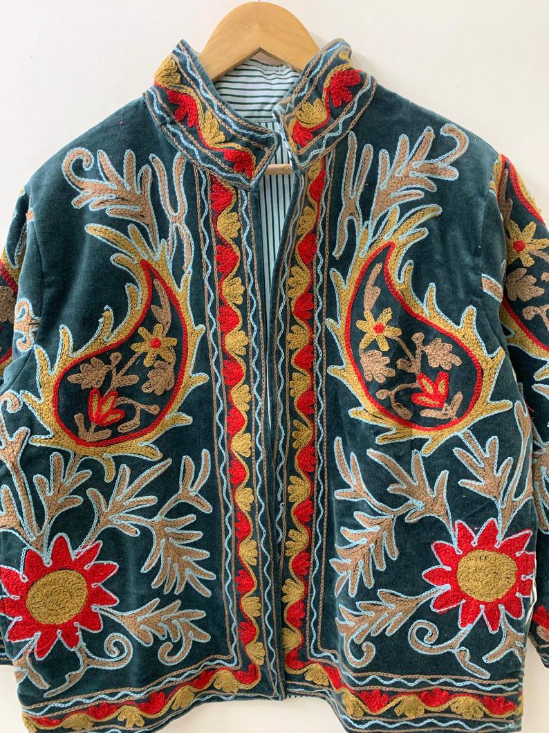 Embroidered Velvet Suzani Jacket | Uzbek Floral Outerwear, Cropped Boho Style Bohozani