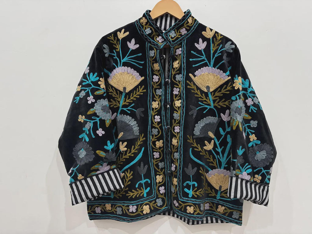 Embroidered Velvet Cropped Jacket | Colorful Suzani Floral Outerwear Bohozani
