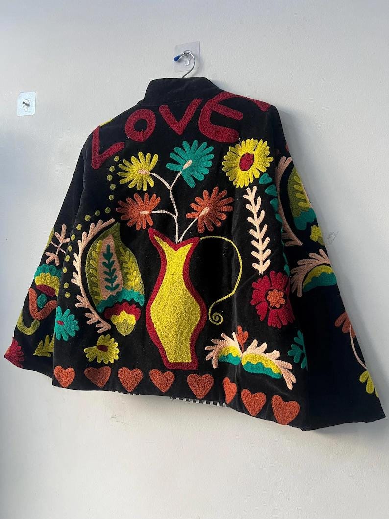 Handmade Velvet Suzani Jacket | Embroidered Boho Coat Bohozani