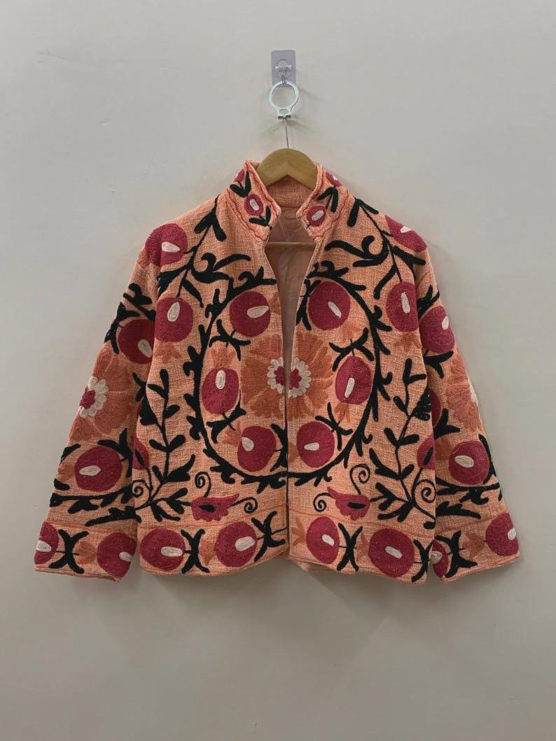 Bohemian Suzani Embroidered Cotton Jacket, Floral Folk Art Short Coat Bohozani