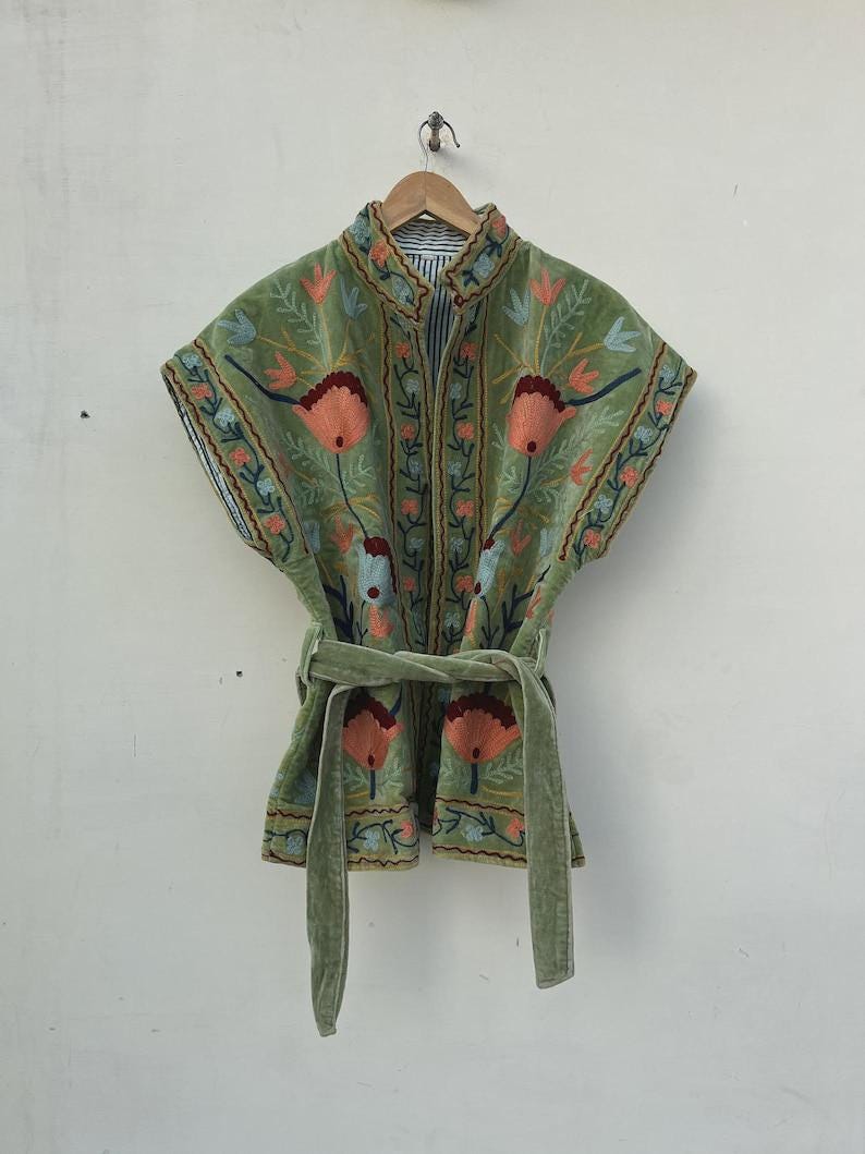 Green Velvet Suzani Embroidered Vest with Belt – Boho Festival Waistcoat Bohozani