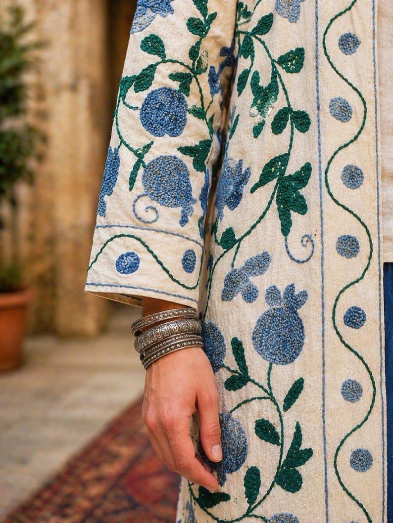 Hand Embroidered Suzani Kaftan – Organic Cotton Boho Kimono Coat Bohozani