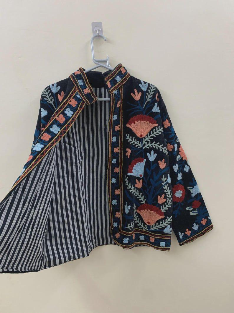 Grey Suzani Velvet Jacket | Embroidered Floral Folk Art Coat Bohozani